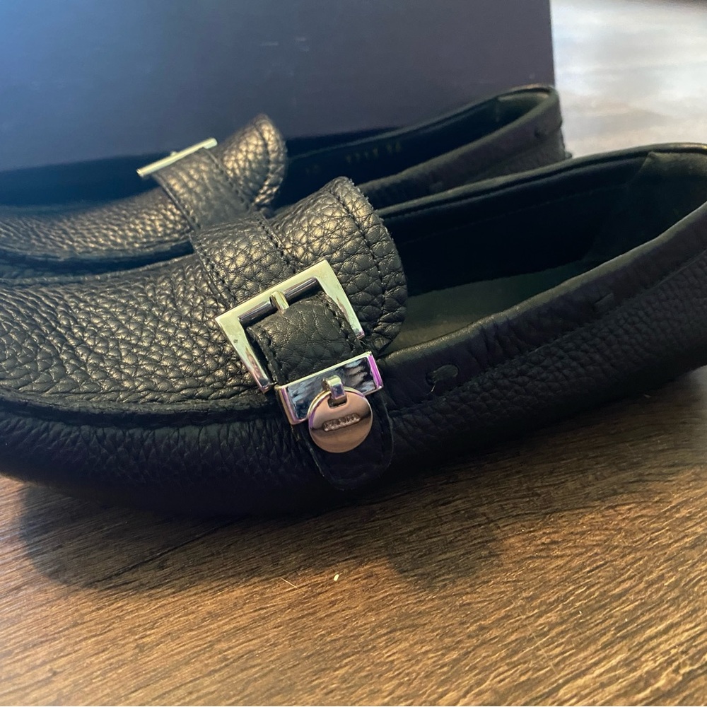 Vintage Prada Textured Black Leather Loafers with Silver Buckle